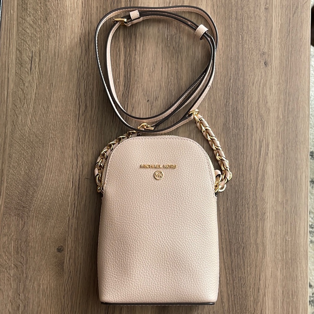 Michael Kors Jet Set Charm North South Chain Leather Phone Crossbody- Nude